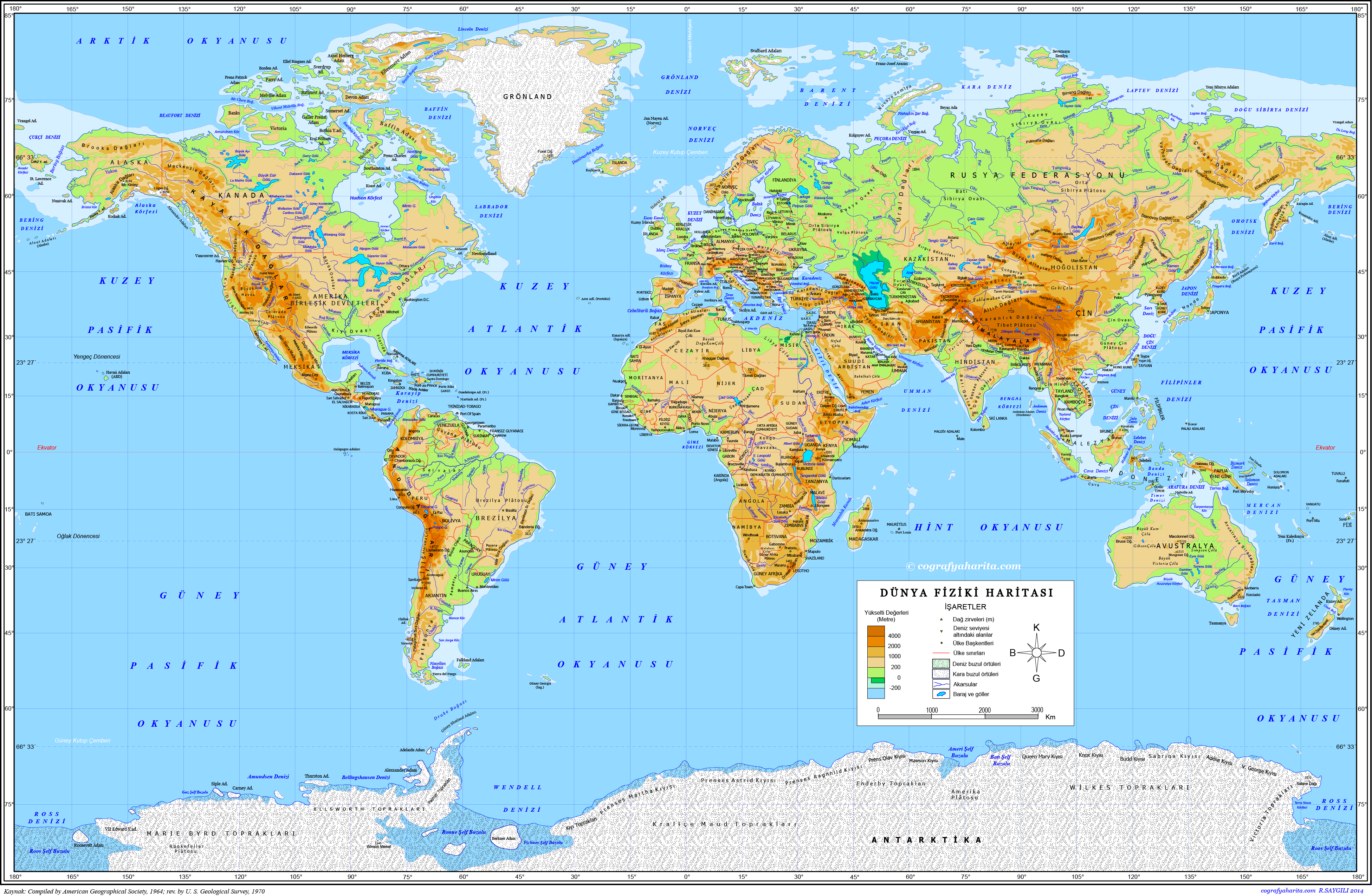 Dünya Fiziki Haritası: Yükseltiler, Ülke Sınırları, Dağ Zirveleri Ve