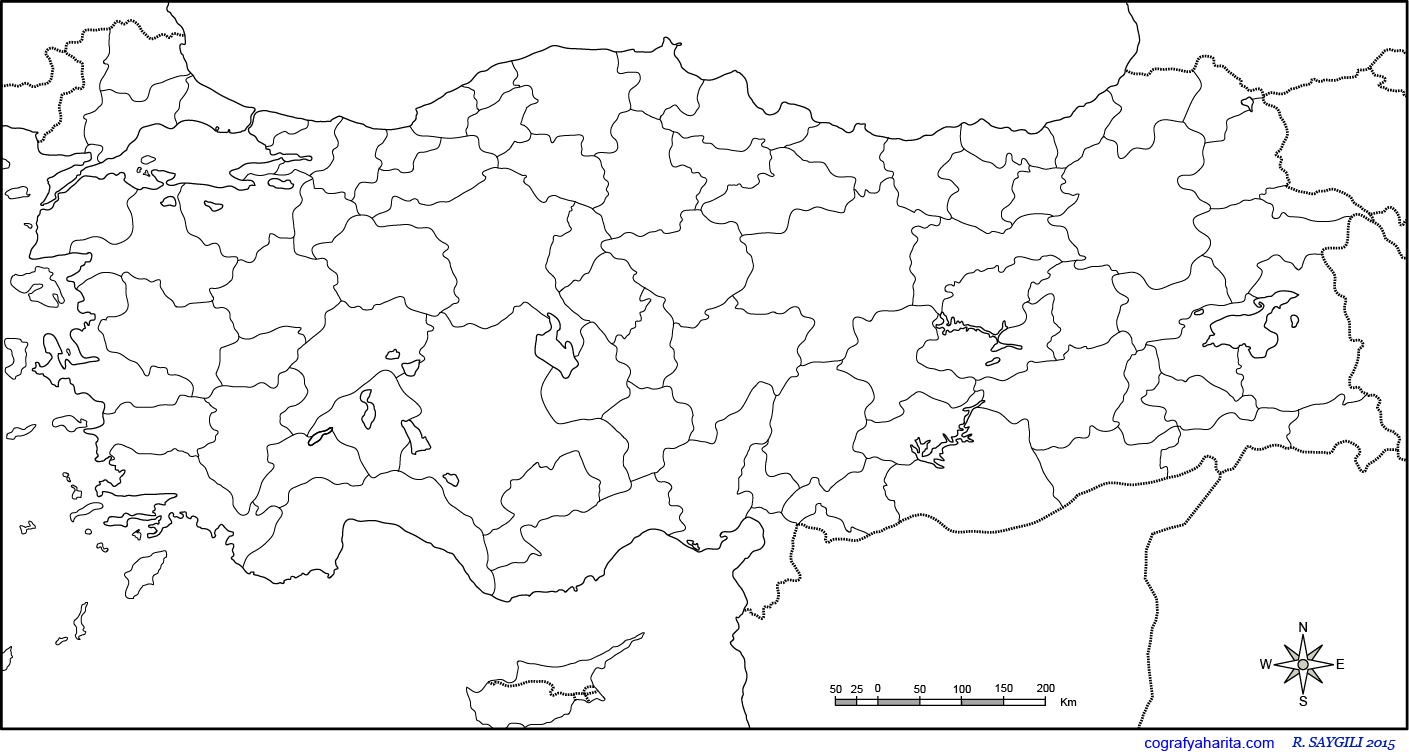 Türkiye Dilsiz Haritası (Siyasi, İdari): İl Sınırları Çizili Siyah