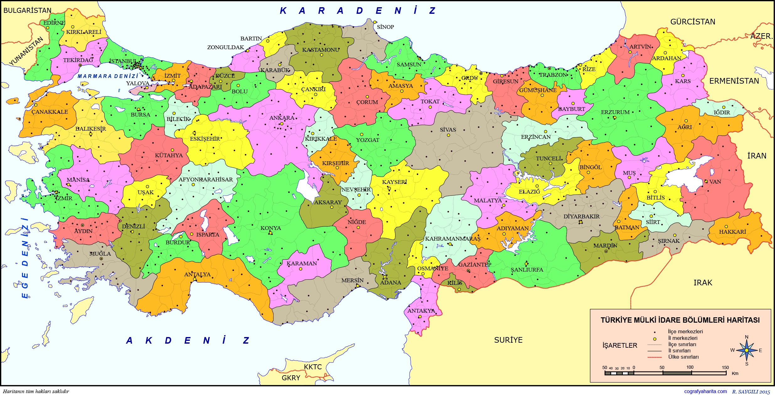 Türkiye Mülki İdare Haritası (Dilsiz & Renkli): İl Ve İlçe İsimleri İle