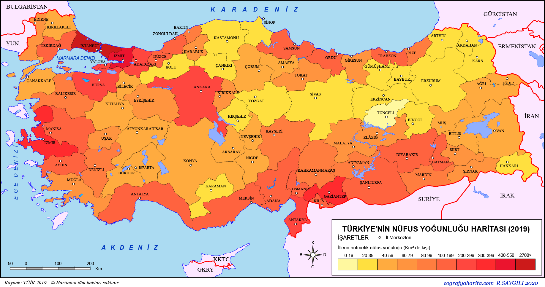 Türkiye Nüfus Yoğunluğu Haritası: İllerin Arimetrik Olarak Nüfusları